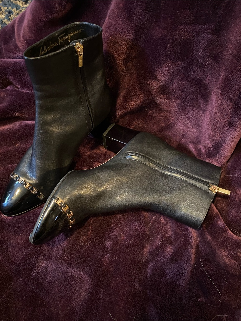 Salvatore Ferragamo Black Leather Ankle Boots with Gold Chain Toe Detail